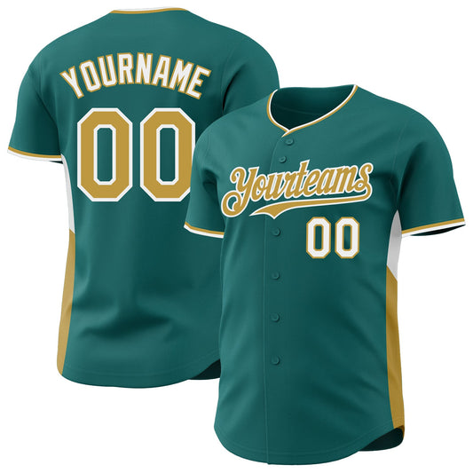 Custom Teal Old Gold-White Classic Color Block Side Panel Stripe Authentic Baseball Jersey - Main View