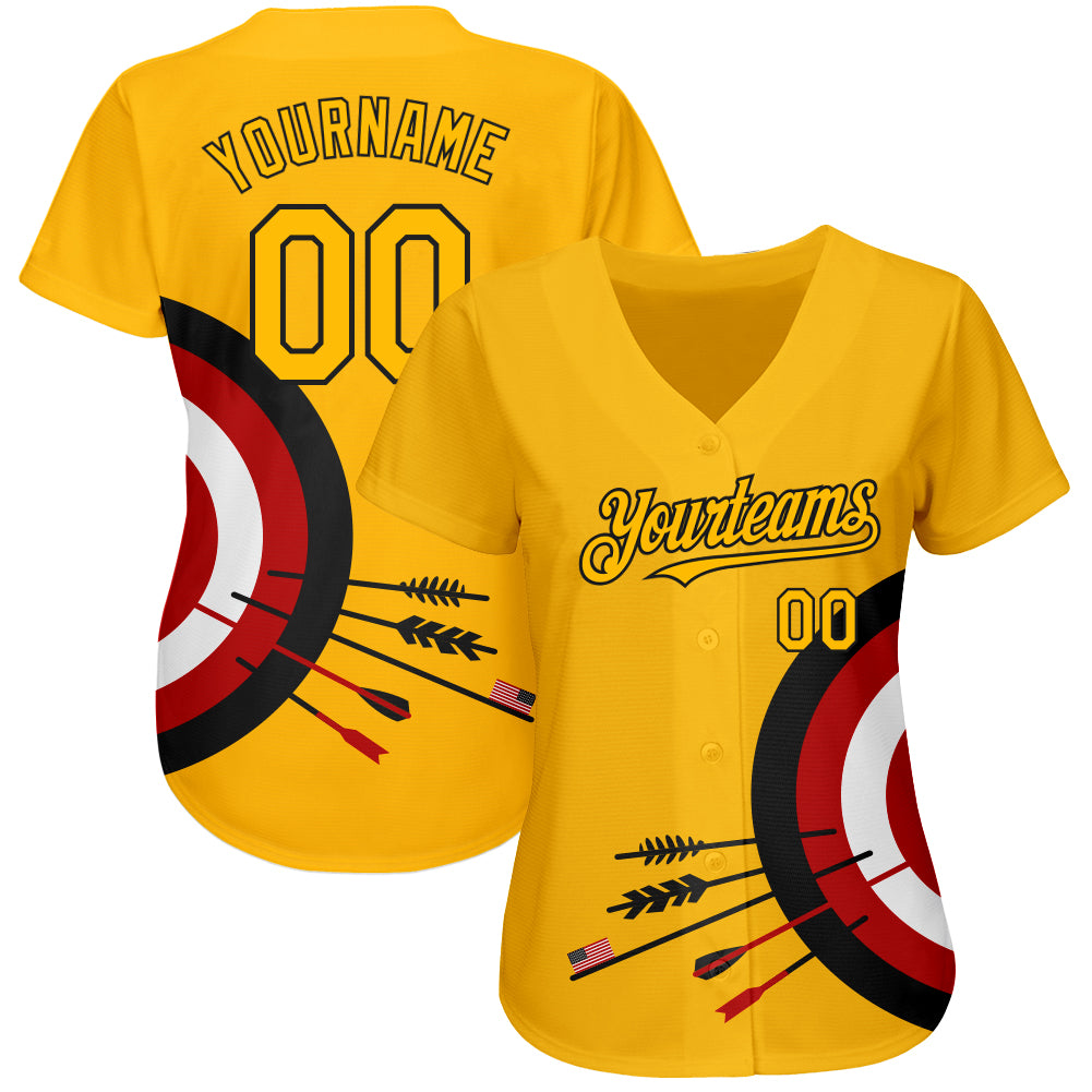 Custom Gold Black-Red 3D Pattern Design Dart Board Target Authentic Baseball Jersey view 2