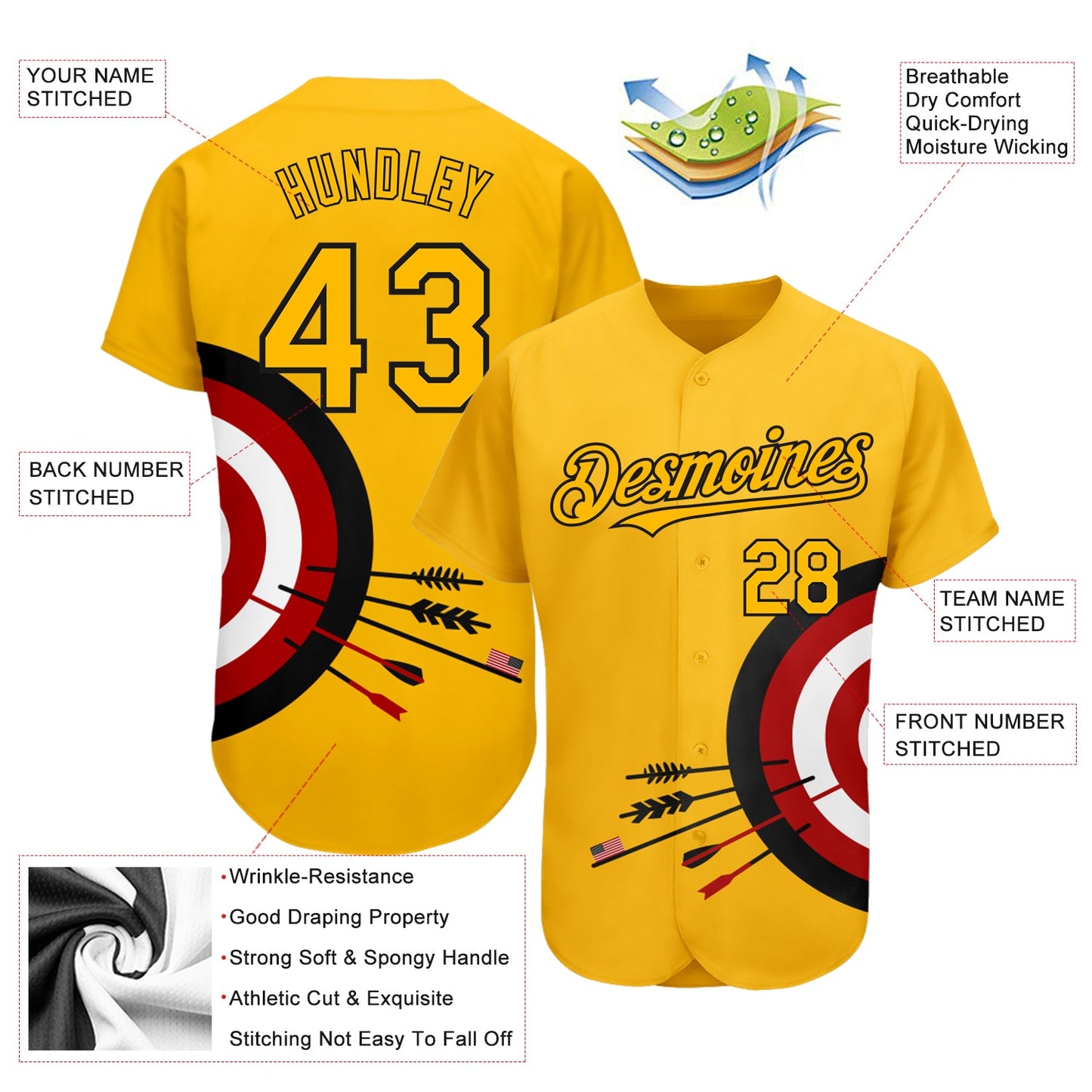 Custom Gold Black-Red 3D Pattern Design Dart Board Target Authentic Baseball Jersey view 3
