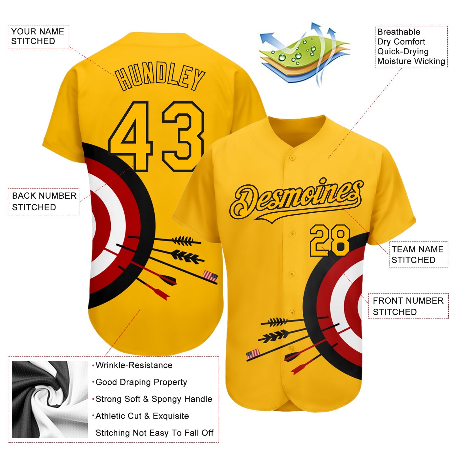 Custom Gold Black-Red 3D Pattern Design Dart Board Target Authentic Baseball Jersey view 3