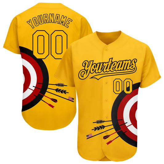 Custom Gold Black-Red 3D Pattern Design Dart Board Target Authentic Baseball Jersey - Main View