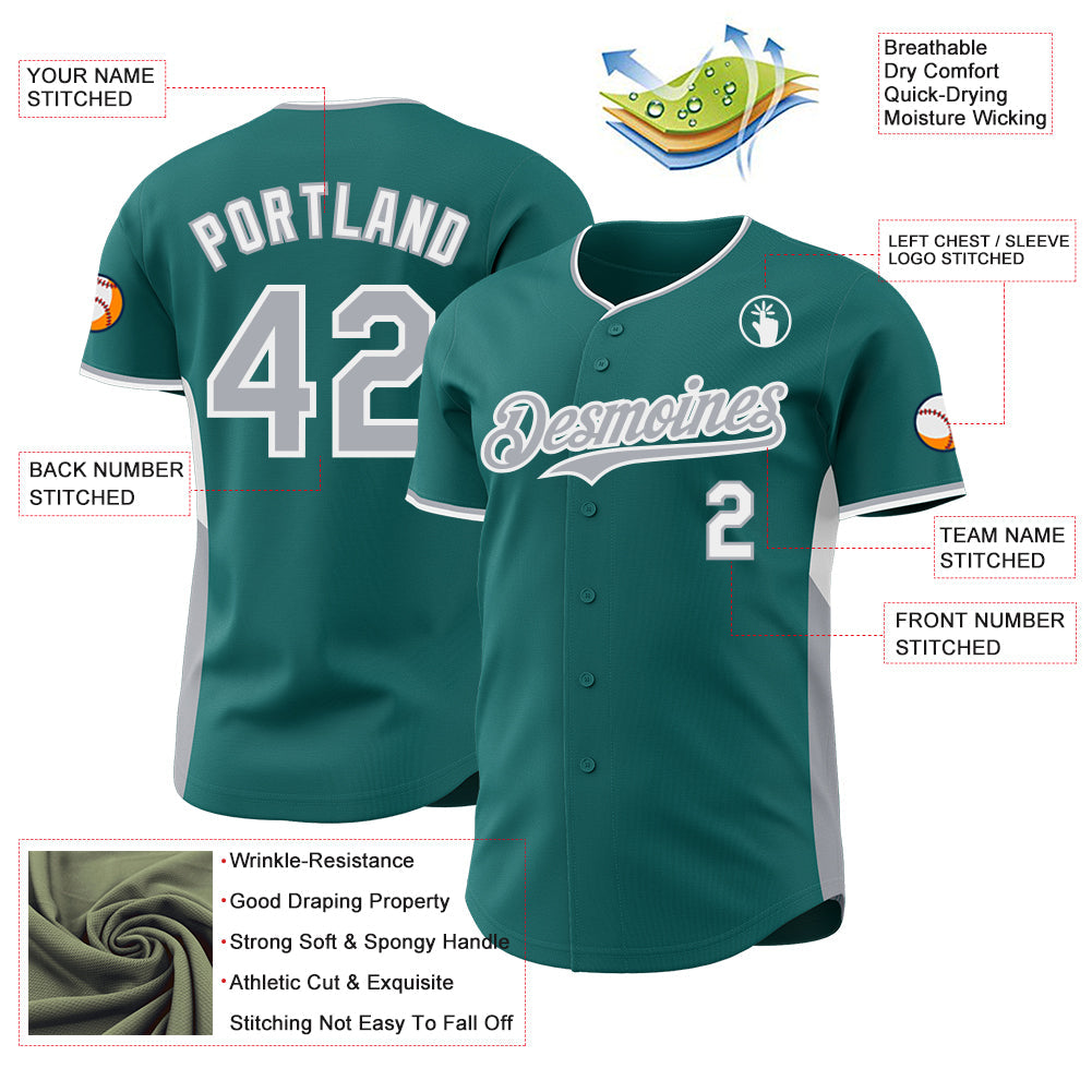 Custom Teal Gray-White Classic Color Block Side Panel Stripe Authentic Baseball Jersey view 3