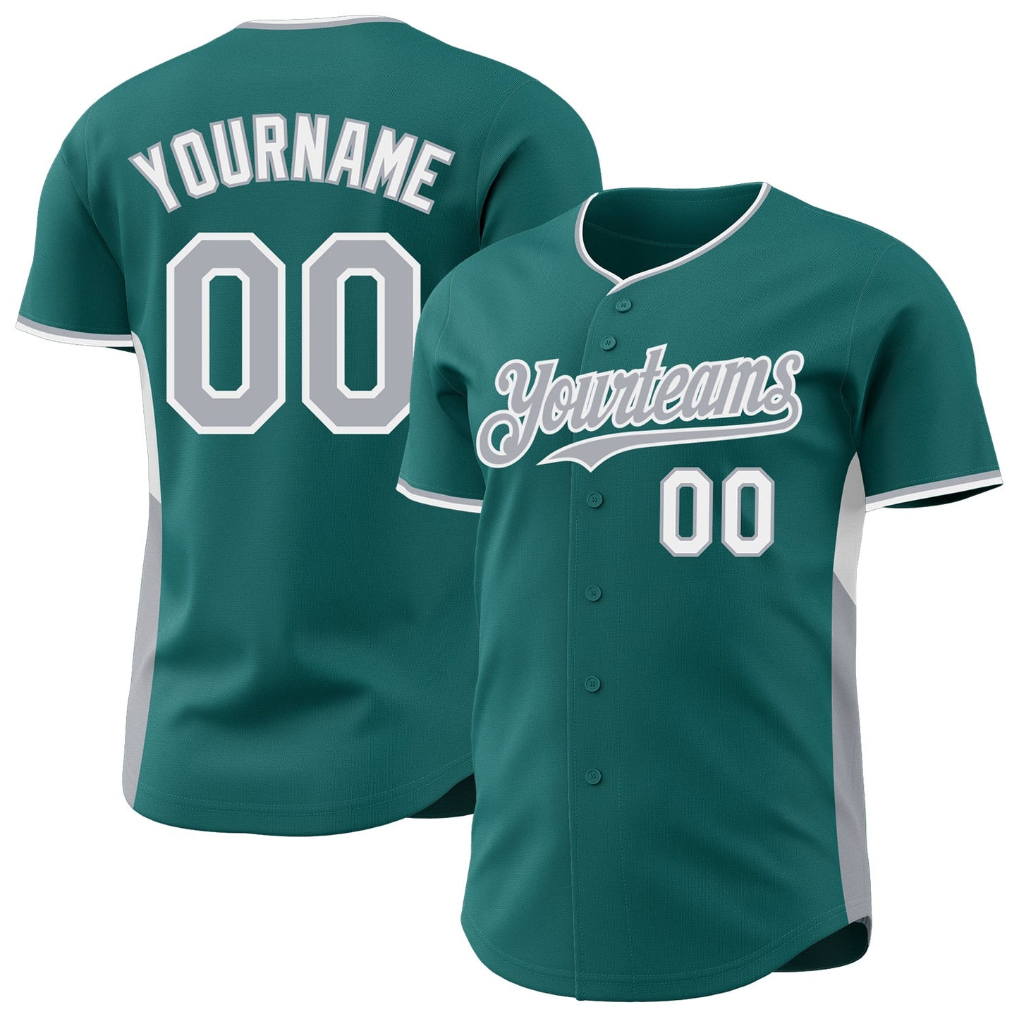 Custom Teal Gray-White Classic Color Block Side Panel Stripe Authentic Baseball Jersey - Main View
