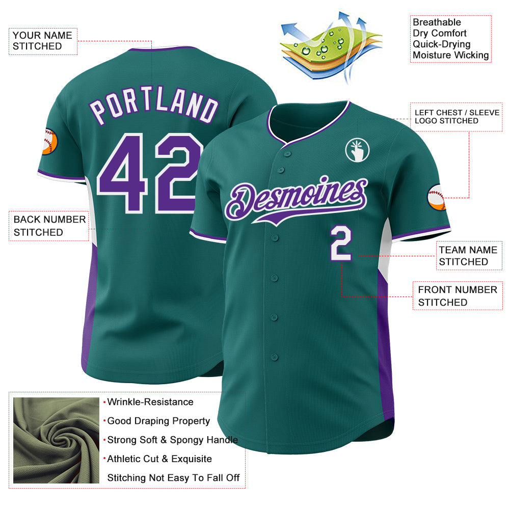 Custom Teal Purple-White Classic Color Block Side Panel Stripe Authentic Baseball Jersey view 3