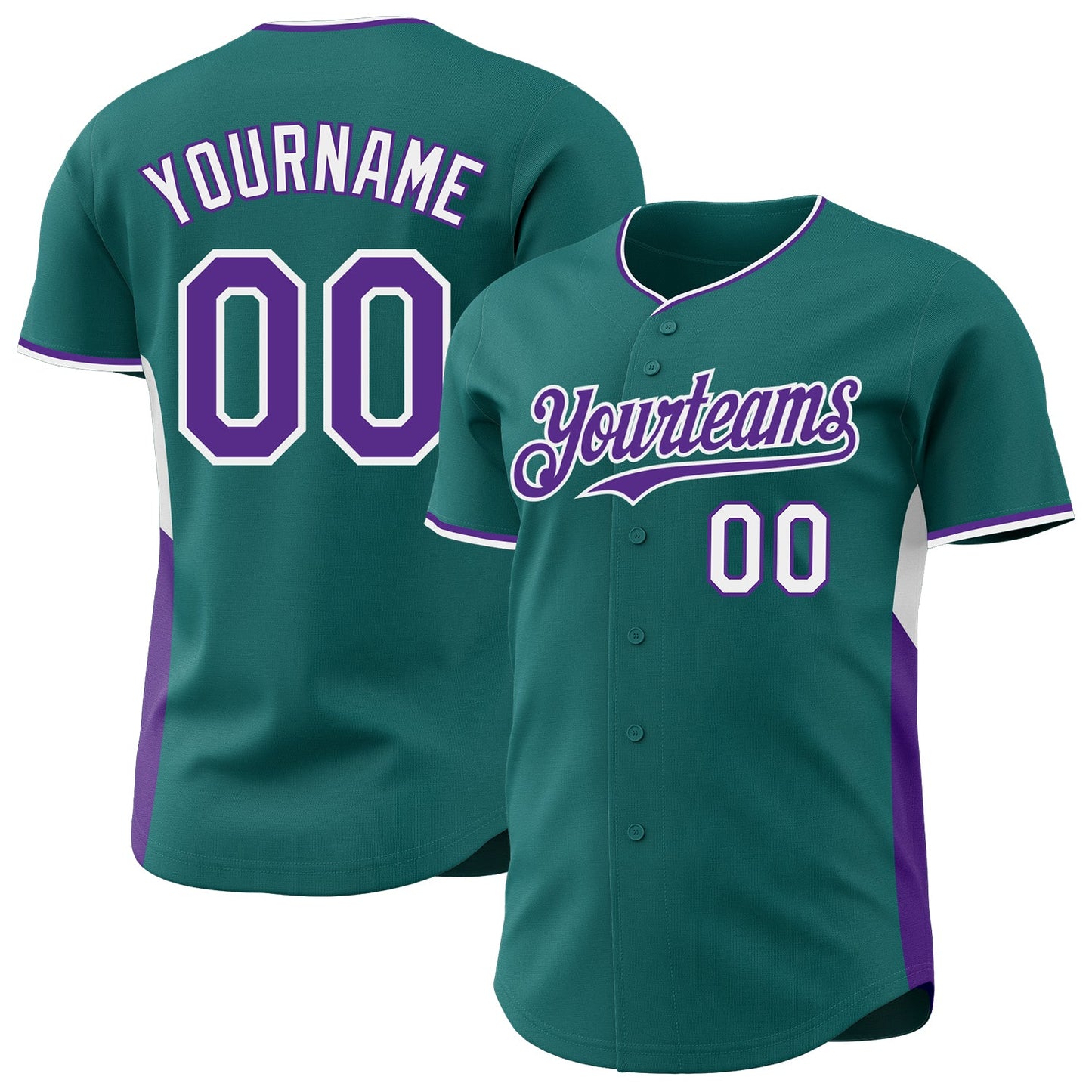 Custom Teal Purple-White Classic Color Block Side Panel Stripe Authentic Baseball Jersey - Main View