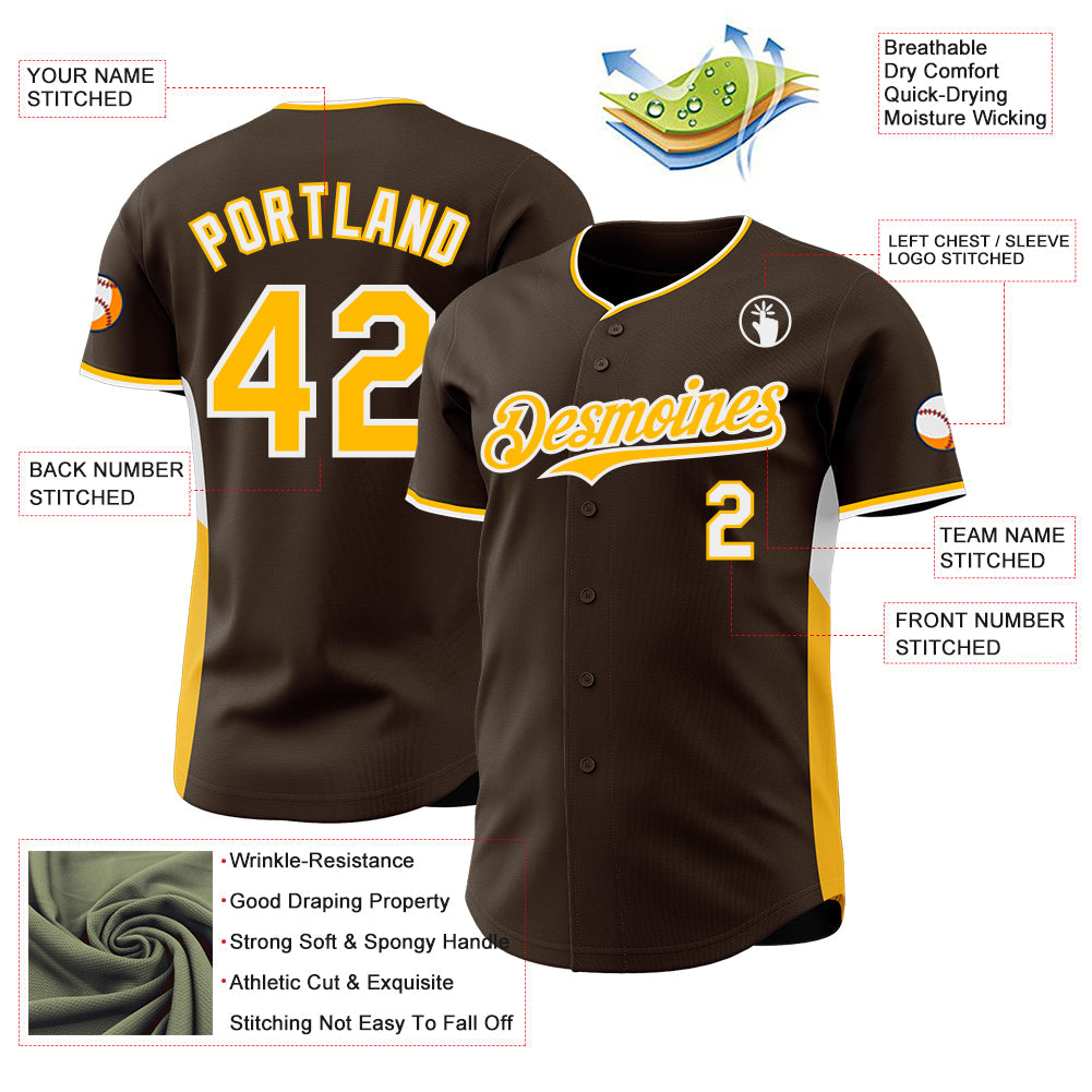 Custom Brown Gold-White Classic Color Block Side Panel Stripe Authentic Baseball Jersey view 3