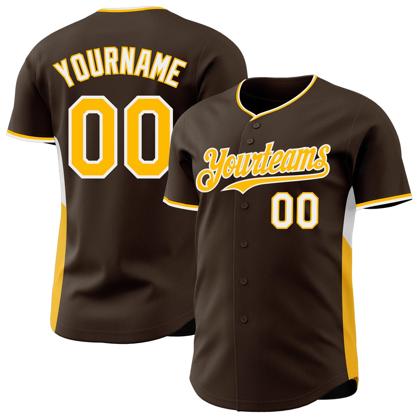 Custom Brown Gold-White Classic Color Block Side Panel Stripe Authentic Baseball Jersey - Main View