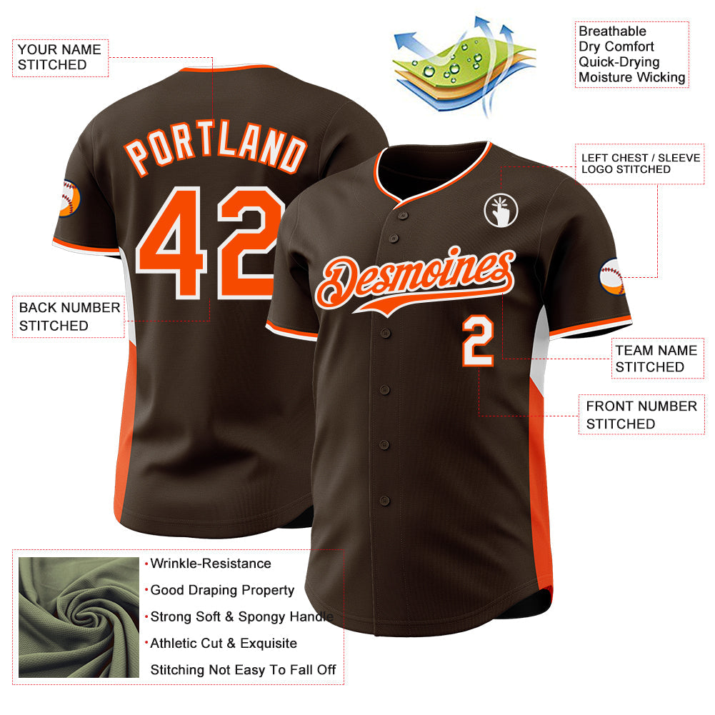 Custom Brown Orange-White Classic Color Block Side Panel Stripe Authentic Baseball Jersey view 3
