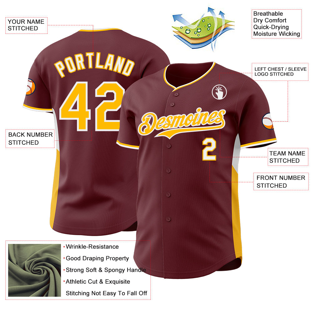 Custom Burgundy Gold-White Classic Color Block Side Panel Stripe Authentic Baseball Jersey view 3