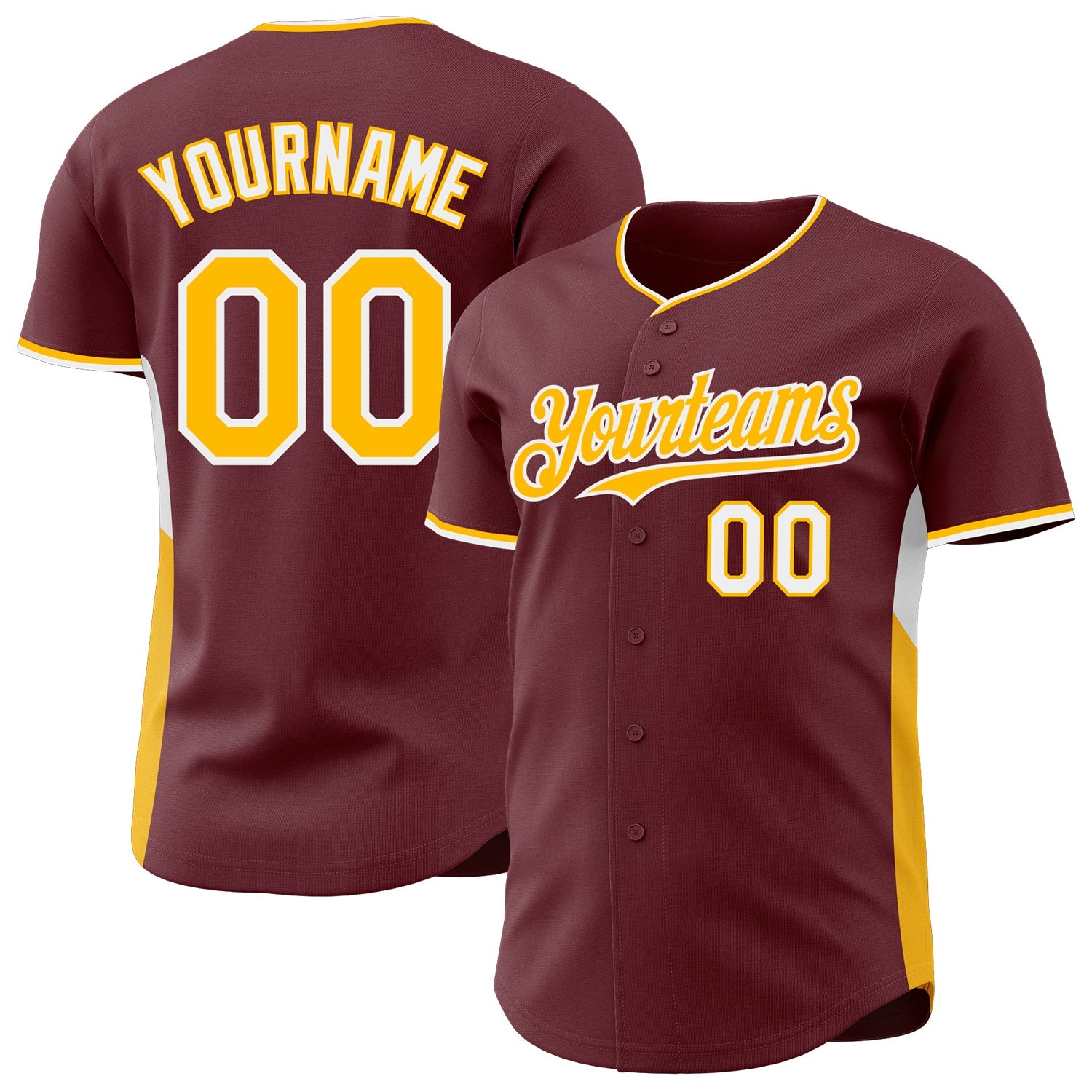 Custom Burgundy Gold-White Classic Color Block Side Panel Stripe Authentic Baseball Jersey - Main View