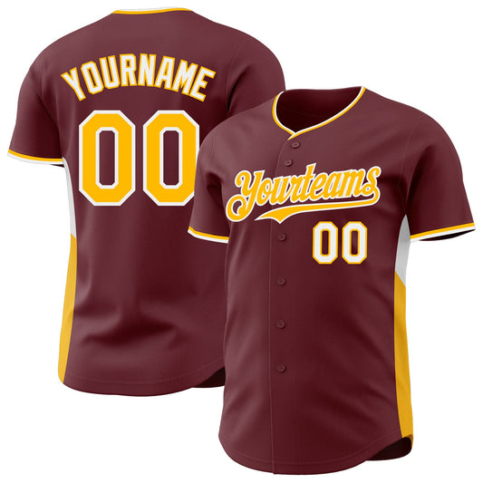 Custom Burgundy Gold-White Classic Color Block Side Panel Stripe Authentic Baseball Jersey - Main View