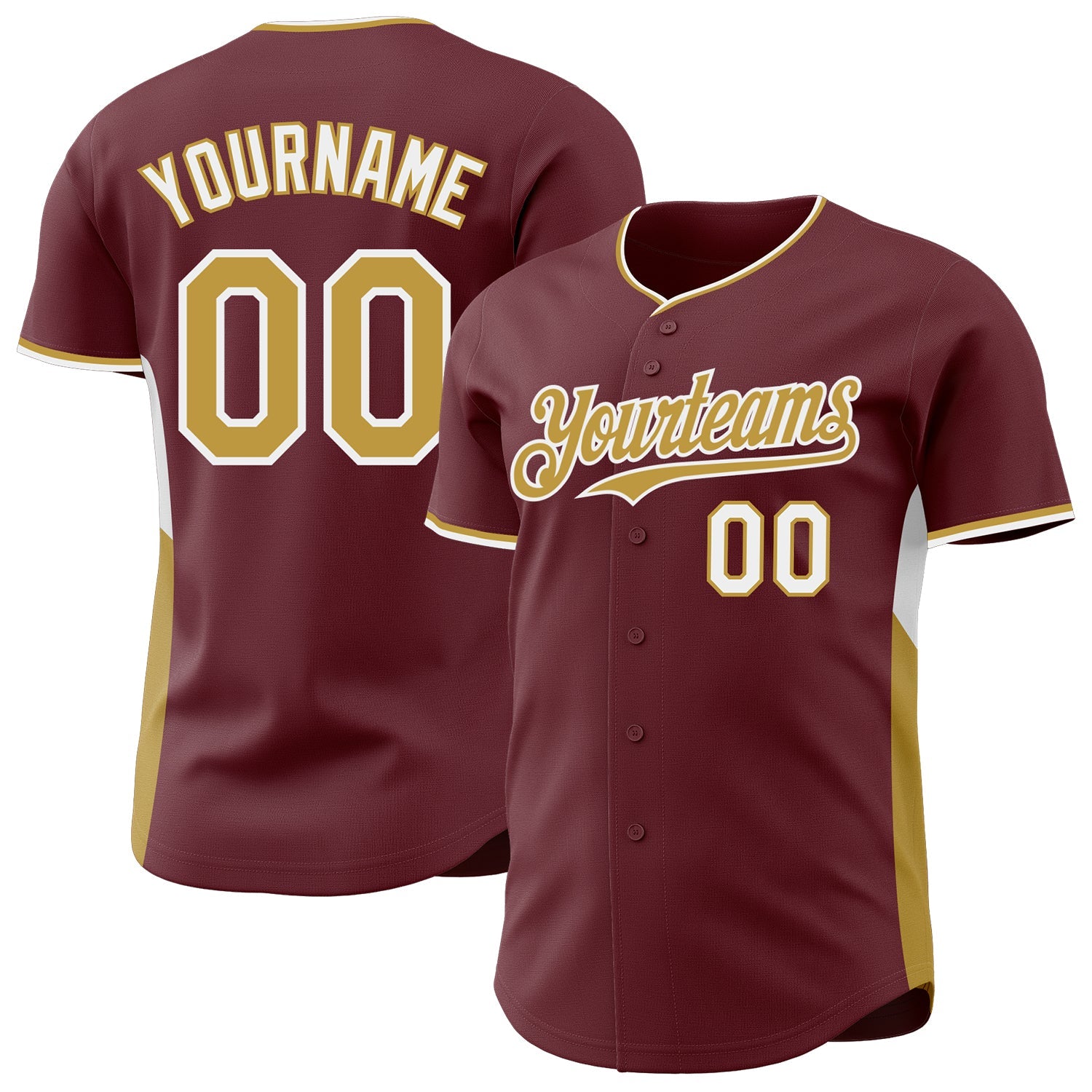 Custom Burgundy Old Gold-White Classic Color Block Side Panel Stripe Authentic Baseball Jersey - Main View