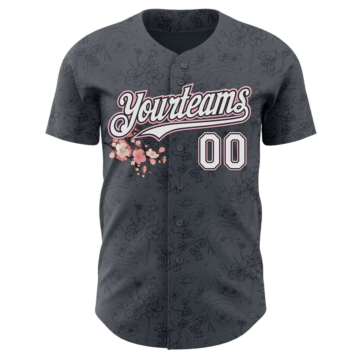 Custom Gray White Black-Light Pink Cherry Blossoms Sakura Authentic Baseball Jersey view 2