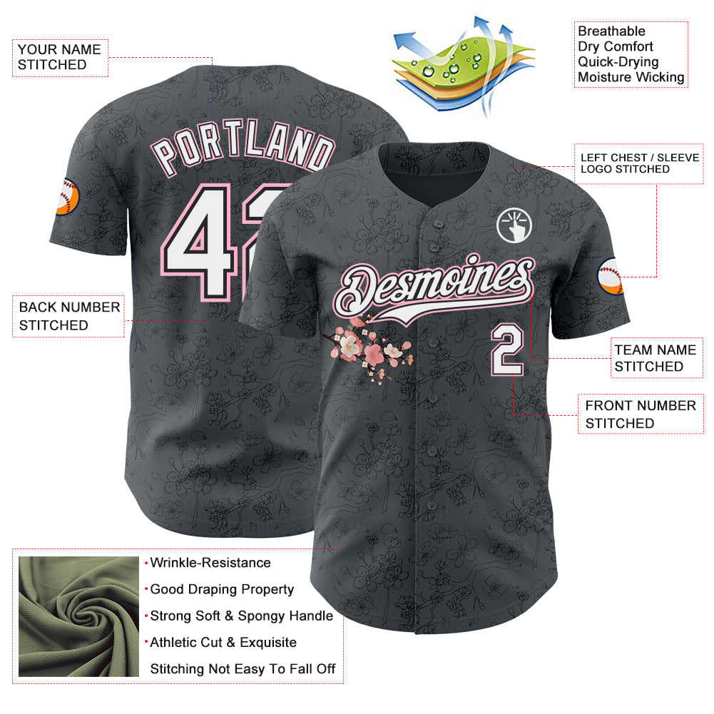 Custom Gray White Black-Light Pink Cherry Blossoms Sakura Authentic Baseball Jersey view 3