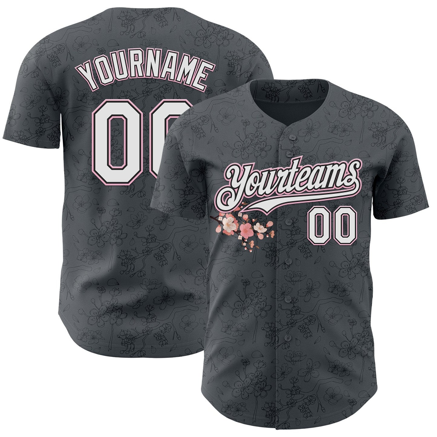 Custom Gray White Black-Light Pink Cherry Blossoms Sakura Authentic Baseball Jersey - Main View