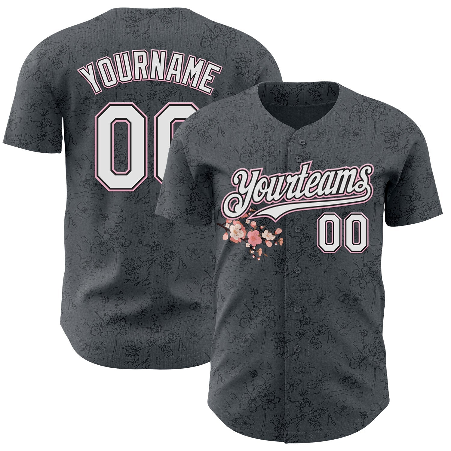 Custom Gray White Black-Light Pink Cherry Blossoms Sakura Authentic Baseball Jersey - Main View