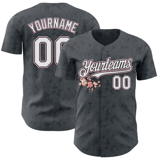 Custom Gray White Black-Light Pink Cherry Blossoms Sakura Authentic Baseball Jersey - Main View