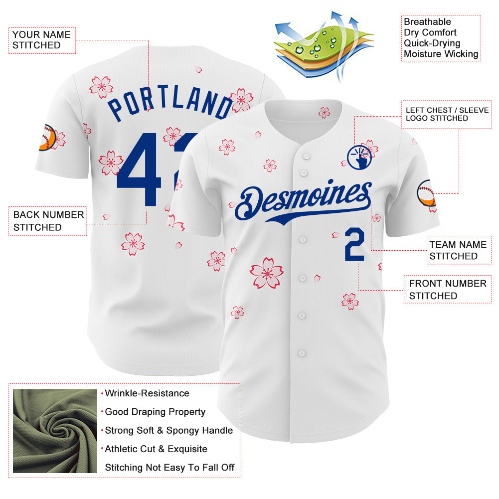 Custom White-Royal Cherry Blossoms Sakura Authentic Baseball Jersey view 3
