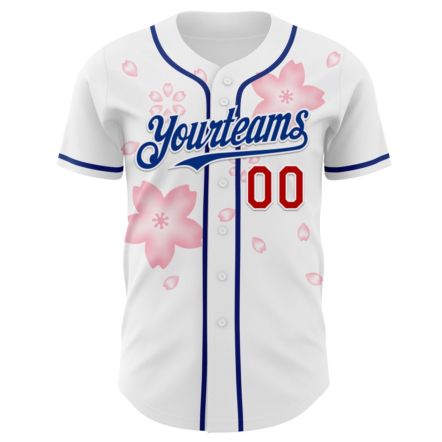Custom White Red-Royal Cherry Blossoms Sakura Authentic Baseball Jersey view 2