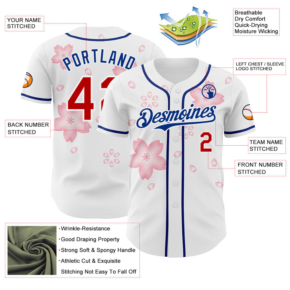 Custom White Red-Royal Cherry Blossoms Sakura Authentic Baseball Jersey view 3
