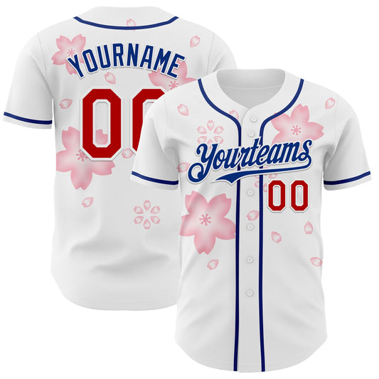 Custom White Red-Royal Cherry Blossoms Sakura Authentic Baseball Jersey - Main View