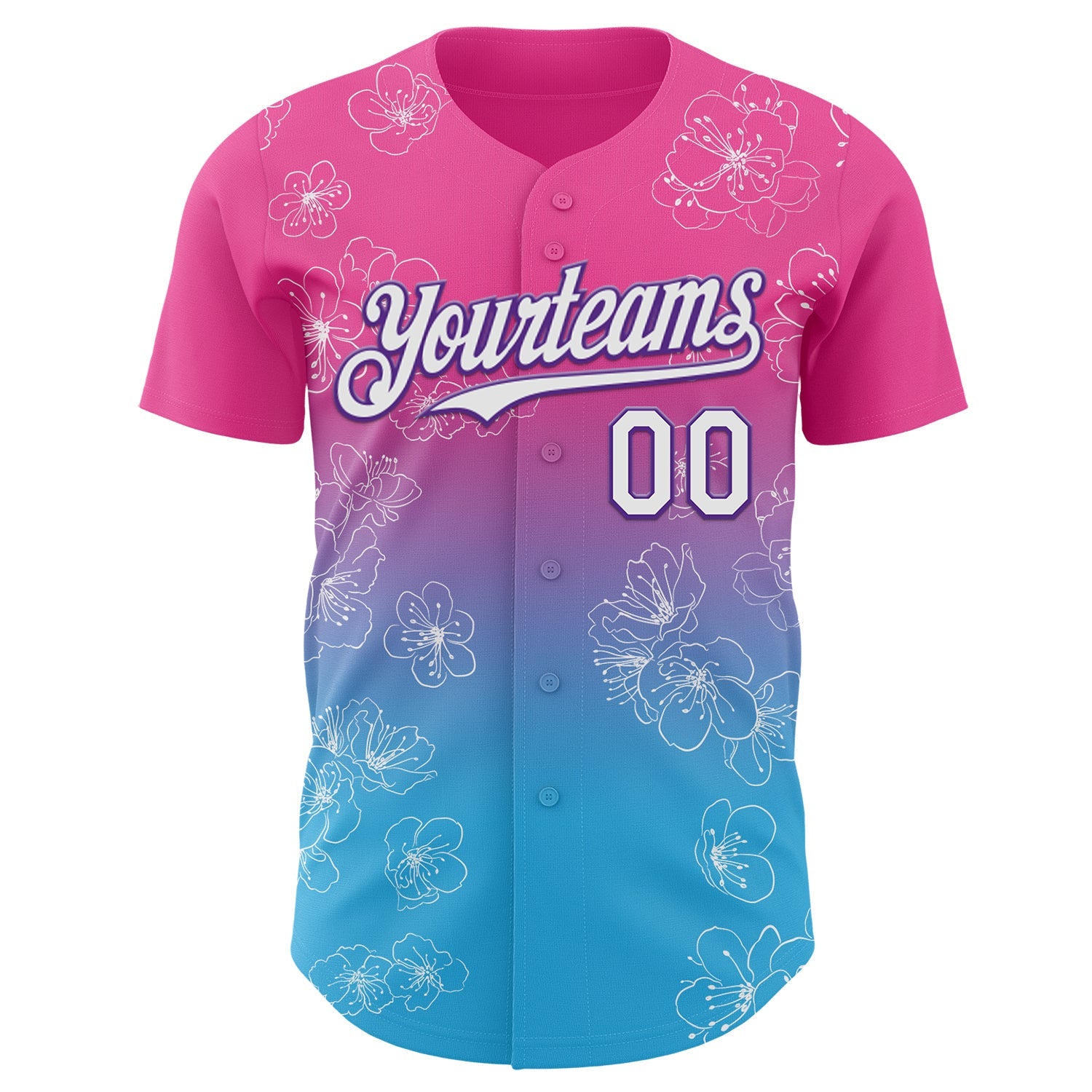 Custom Pink White Sky Blue-Purple Cherry Blossoms Sakura Gradient Authentic Baseball Jersey view 2