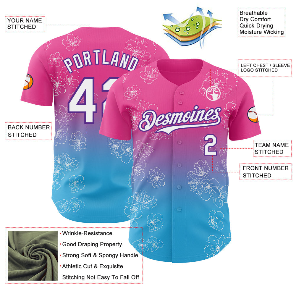 Custom Pink White Sky Blue-Purple Cherry Blossoms Sakura Gradient Authentic Baseball Jersey view 3