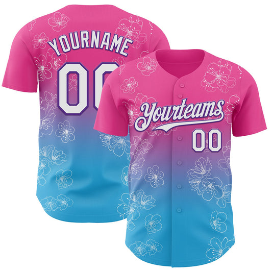Custom Pink White Sky Blue-Purple Cherry Blossoms Sakura Gradient Authentic Baseball Jersey - Main View