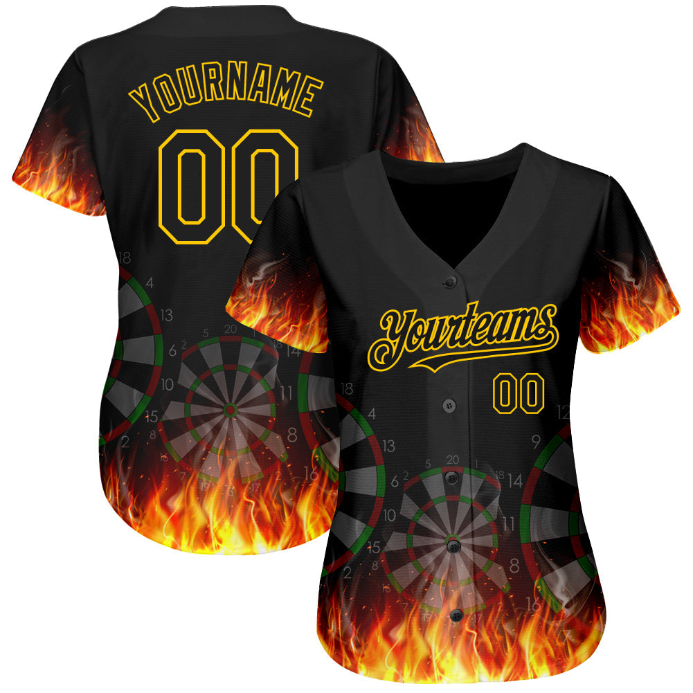 Custom Black Gold 3D Pattern Design Flame Dart Board Authentic Baseball Jersey view 2