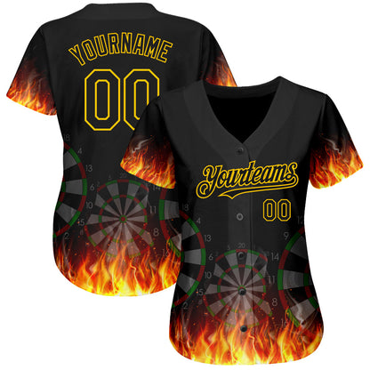 Custom Black Gold 3D Pattern Design Flame Dart Board Authentic Baseball Jersey view 2