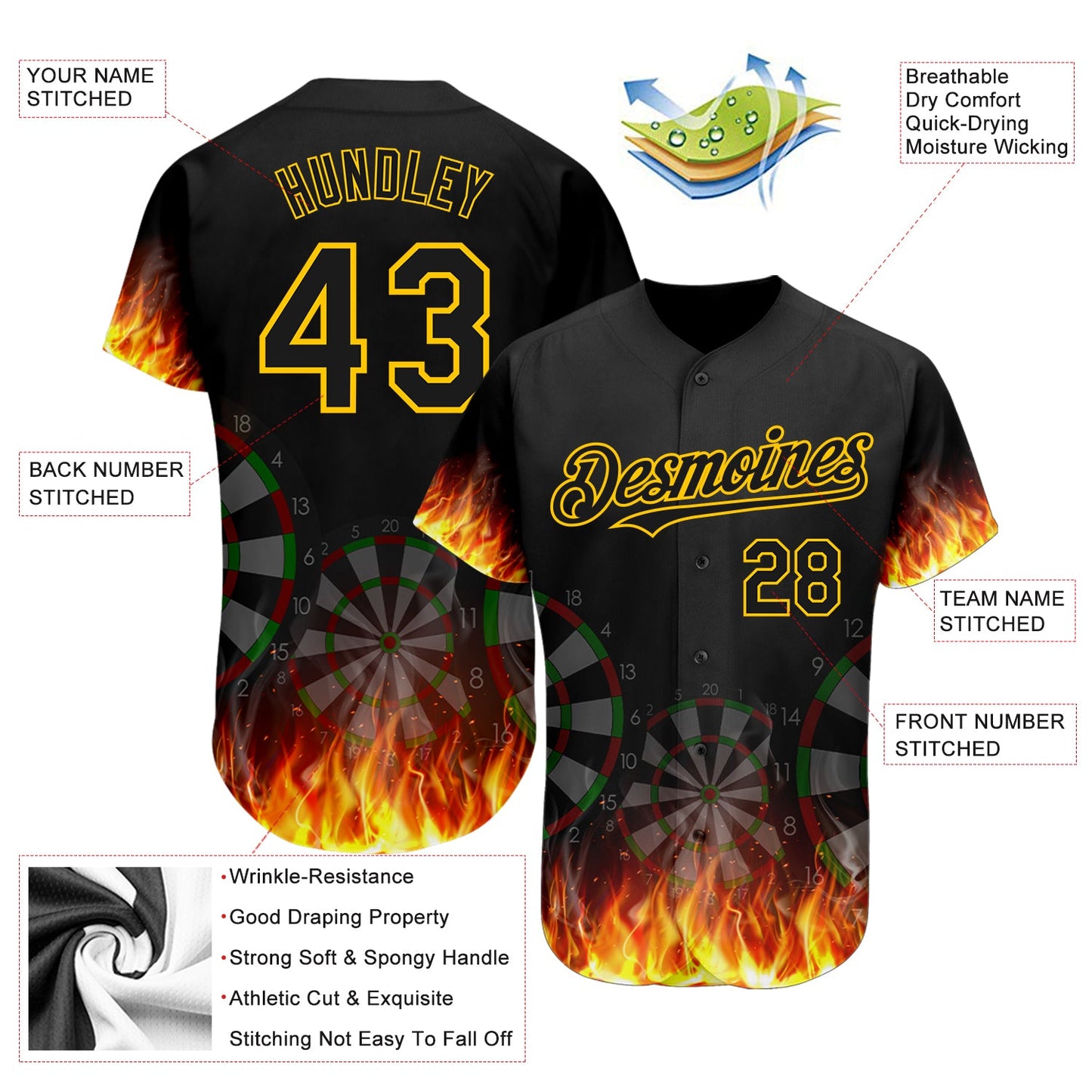 Custom Black Gold 3D Pattern Design Flame Dart Board Authentic Baseball Jersey view 3