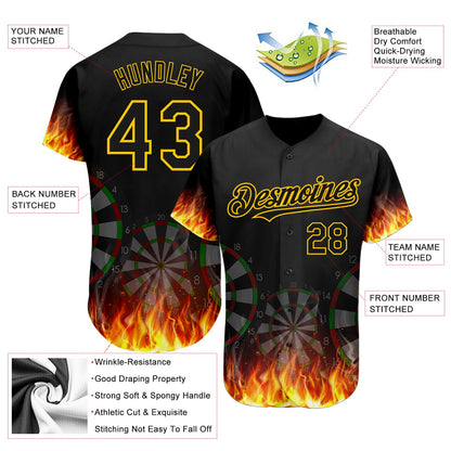 Custom Black Gold 3D Pattern Design Flame Dart Board Authentic Baseball Jersey view 3