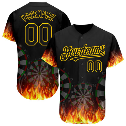 Custom Black Gold 3D Pattern Design Flame Dart Board Authentic Baseball Jersey - Main View