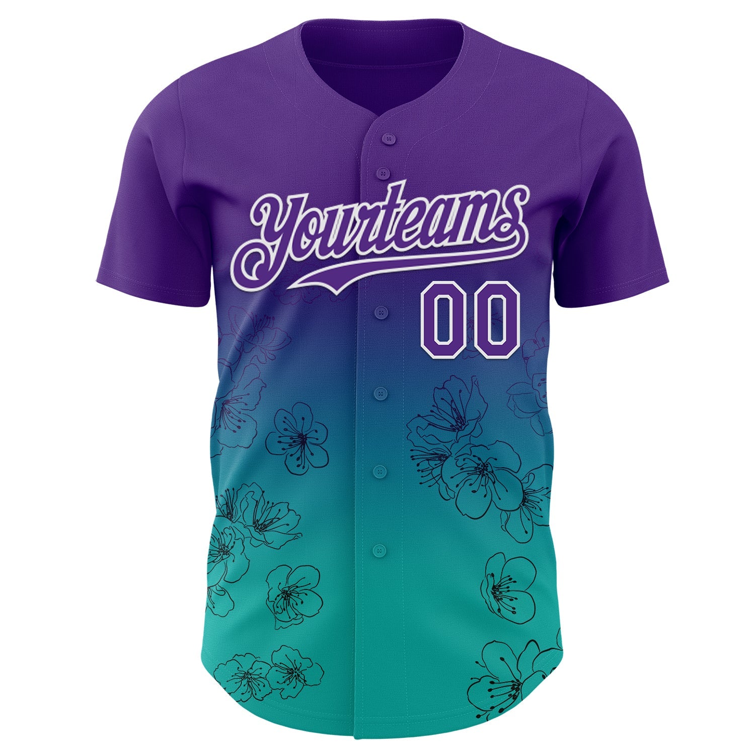 Custom Purple Aqua-White Cherry Blossoms Sakura Gradient Authentic Baseball Jersey view 2