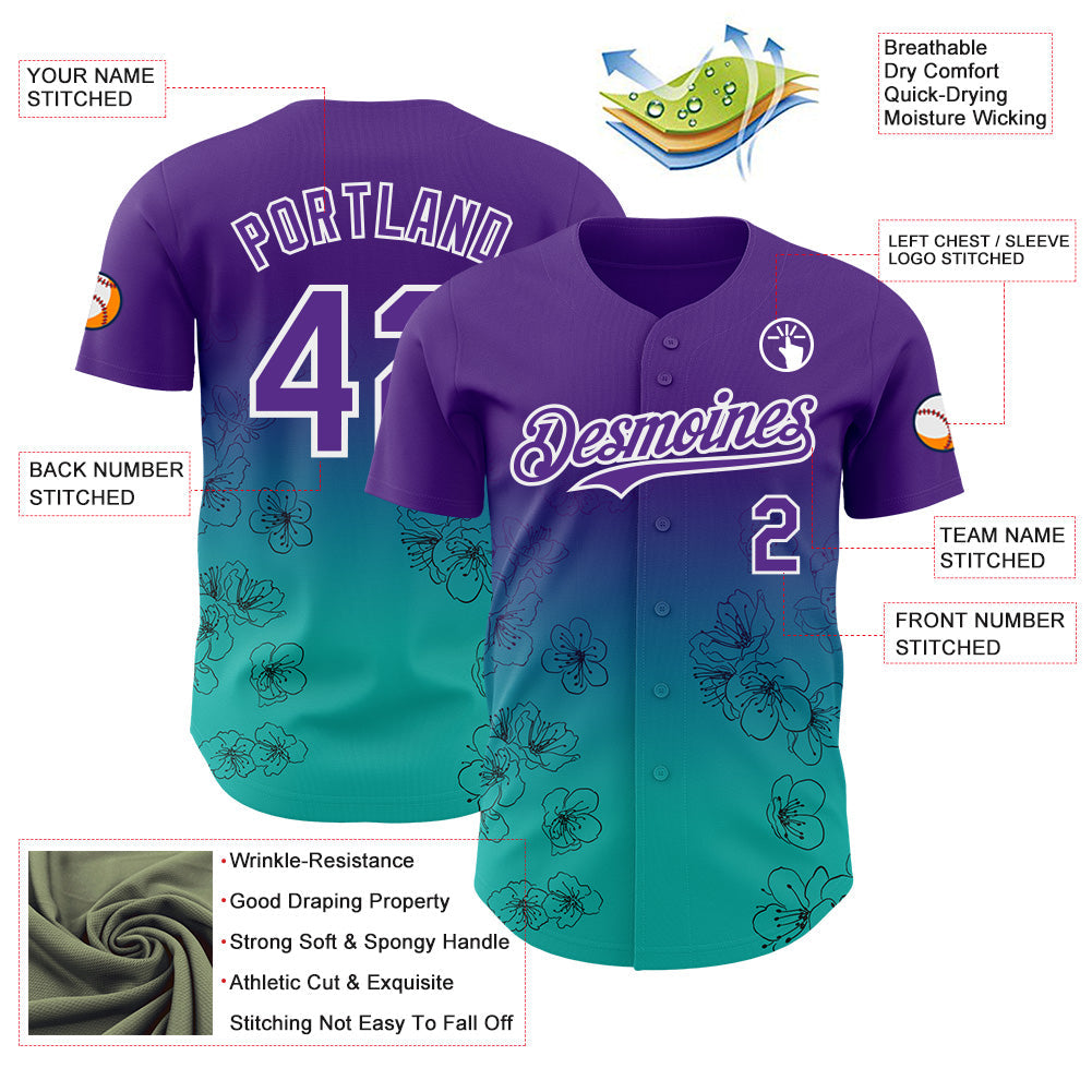 Custom Purple Aqua-White Cherry Blossoms Sakura Gradient Authentic Baseball Jersey view 3