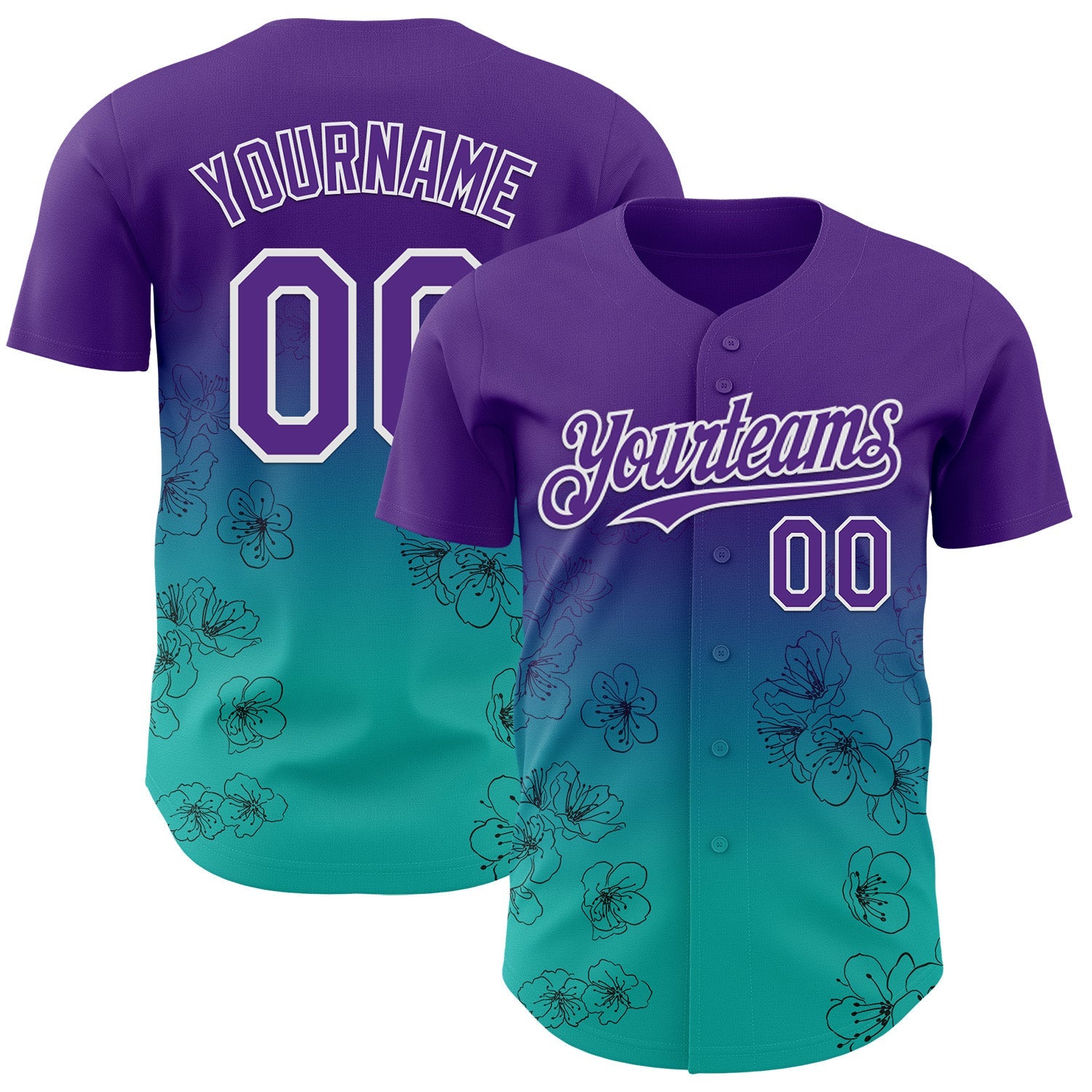 Custom Purple Aqua-White Cherry Blossoms Sakura Gradient Authentic Baseball Jersey - Main View