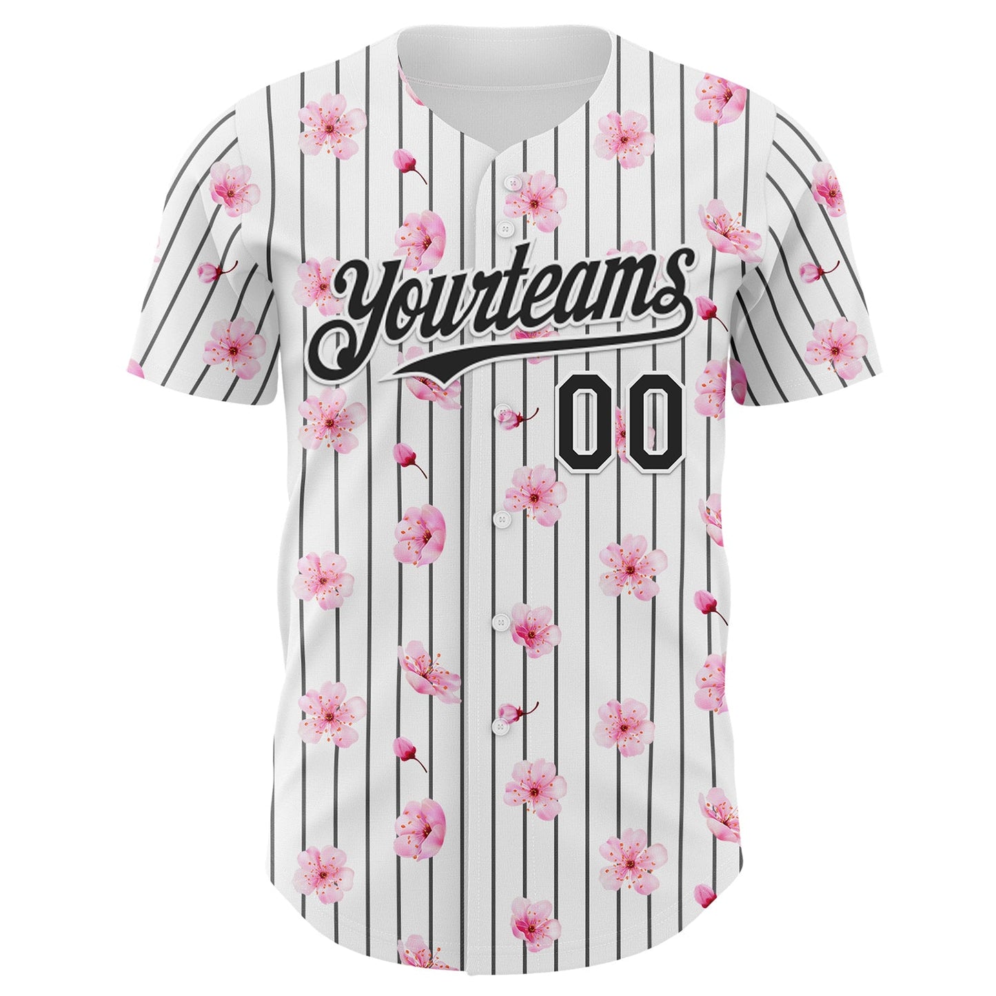 Custom White Pinstripe-Black Cherry Blossoms Sakura Authentic Baseball Jersey view 2