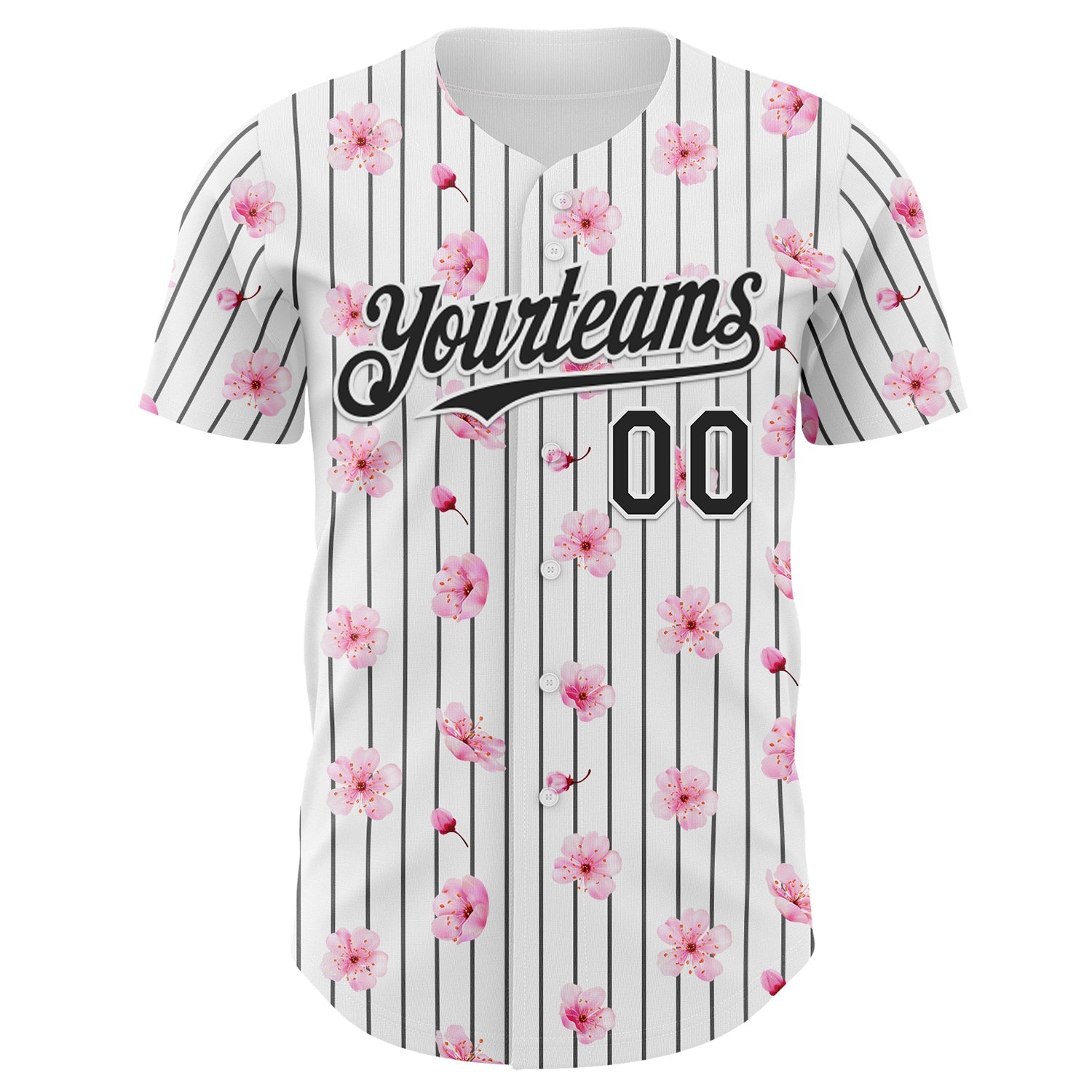 Custom White Pinstripe-Black Cherry Blossoms Sakura Authentic Baseball Jersey view 2