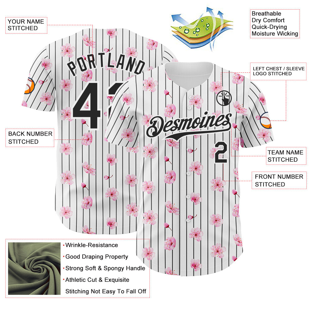 Custom White Pinstripe-Black Cherry Blossoms Sakura Authentic Baseball Jersey view 3