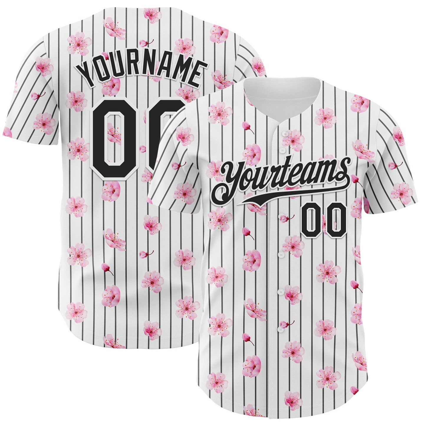 Custom White Pinstripe-Black Cherry Blossoms Sakura Authentic Baseball Jersey - Main View
