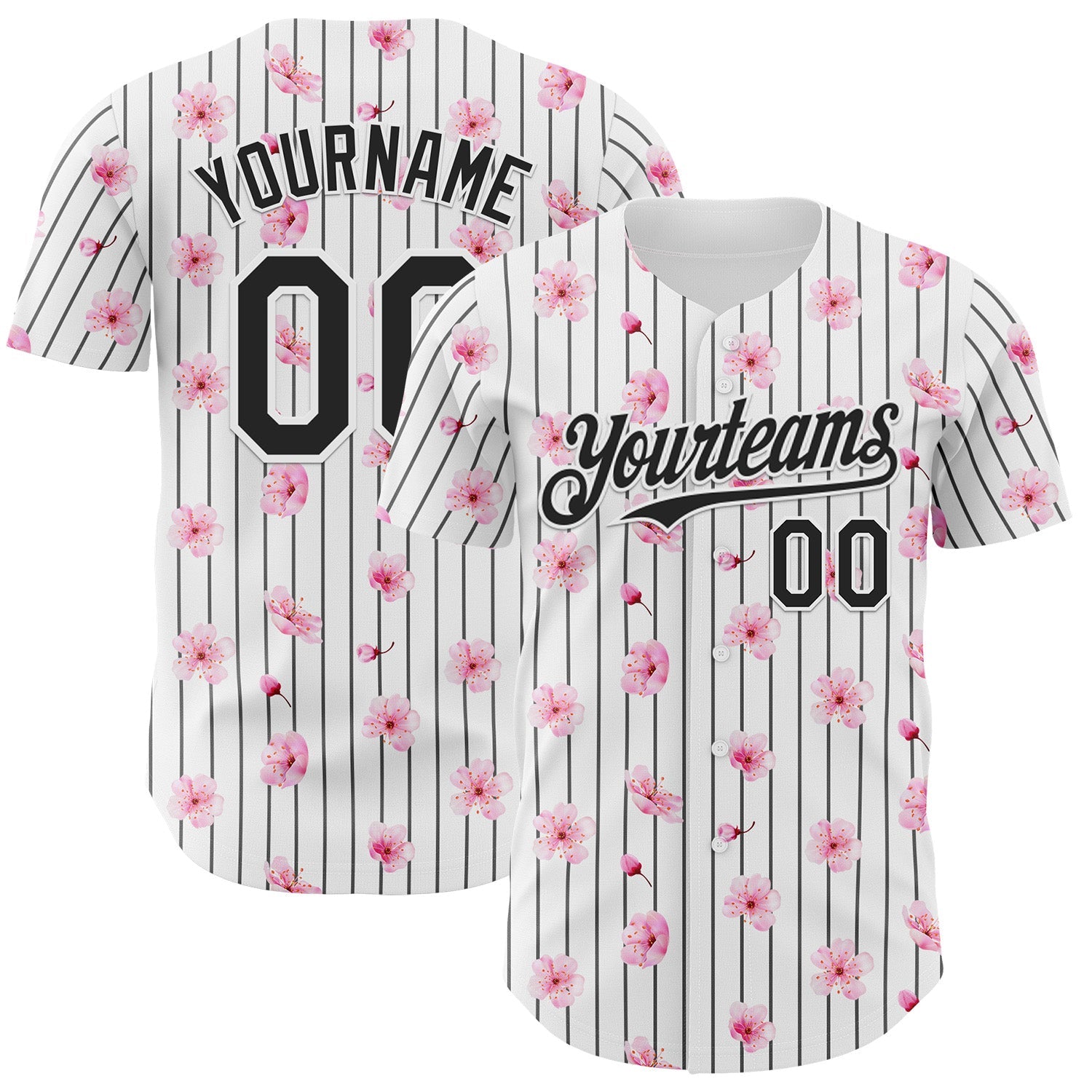 Custom White Pinstripe-Black Cherry Blossoms Sakura Authentic Baseball Jersey - Main View