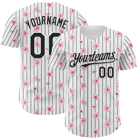 Custom White Pinstripe-Black Cherry Blossoms Sakura Authentic Baseball Jersey - Main View
