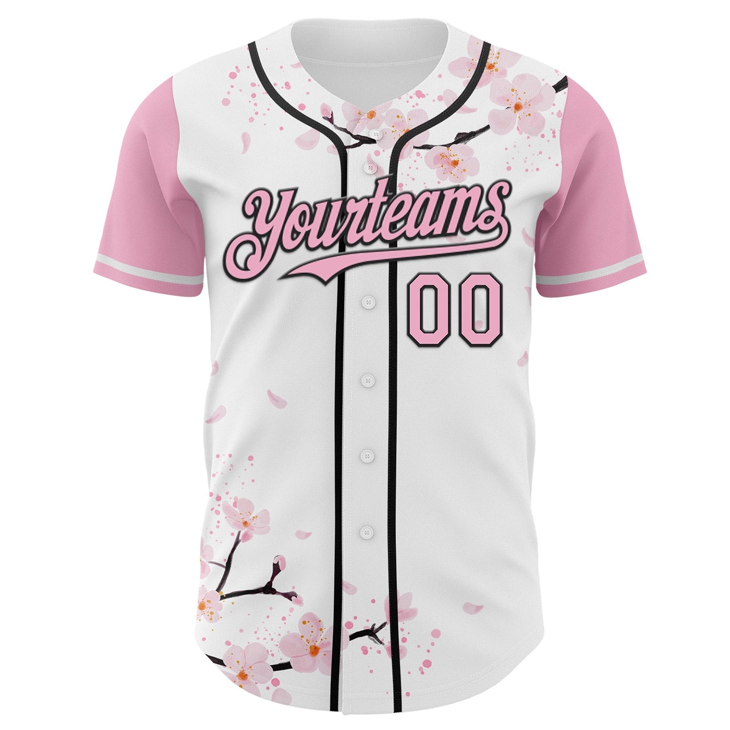 Custom White Light Pink-Black Cherry Blossoms Sakura Authentic Baseball Jersey view 2