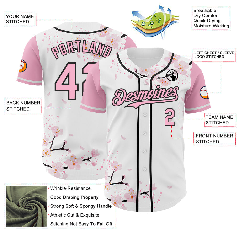 Custom White Light Pink-Black Cherry Blossoms Sakura Authentic Baseball Jersey view 3