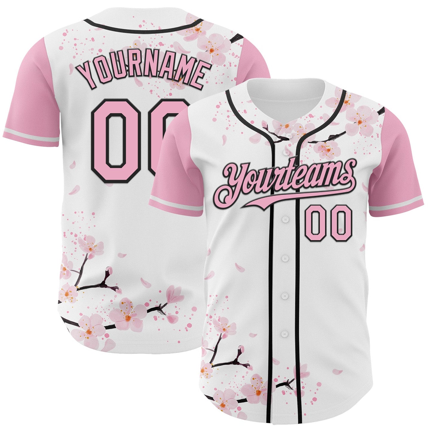 Custom White Light Pink-Black Cherry Blossoms Sakura Authentic Baseball Jersey - Main View