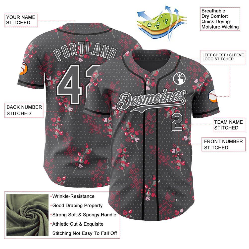 Custom Steel Gray White-Black Cherry Blossoms Sakura Authentic Baseball Jersey view 3