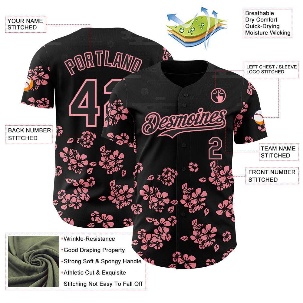 Custom Black-Medium Pink Cherry Blossoms Sakura Authentic Baseball Jersey view 3