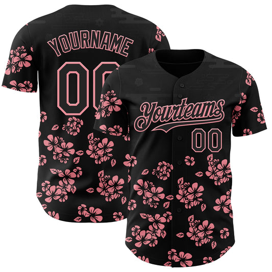 Custom Black-Medium Pink Cherry Blossoms Sakura Authentic Baseball Jersey - Main View