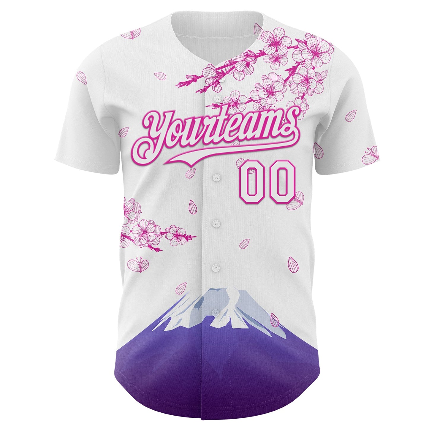 Custom White-Deep Pink Cherry Blossoms Sakura Mount Fuji Authentic Baseball Jersey view 2