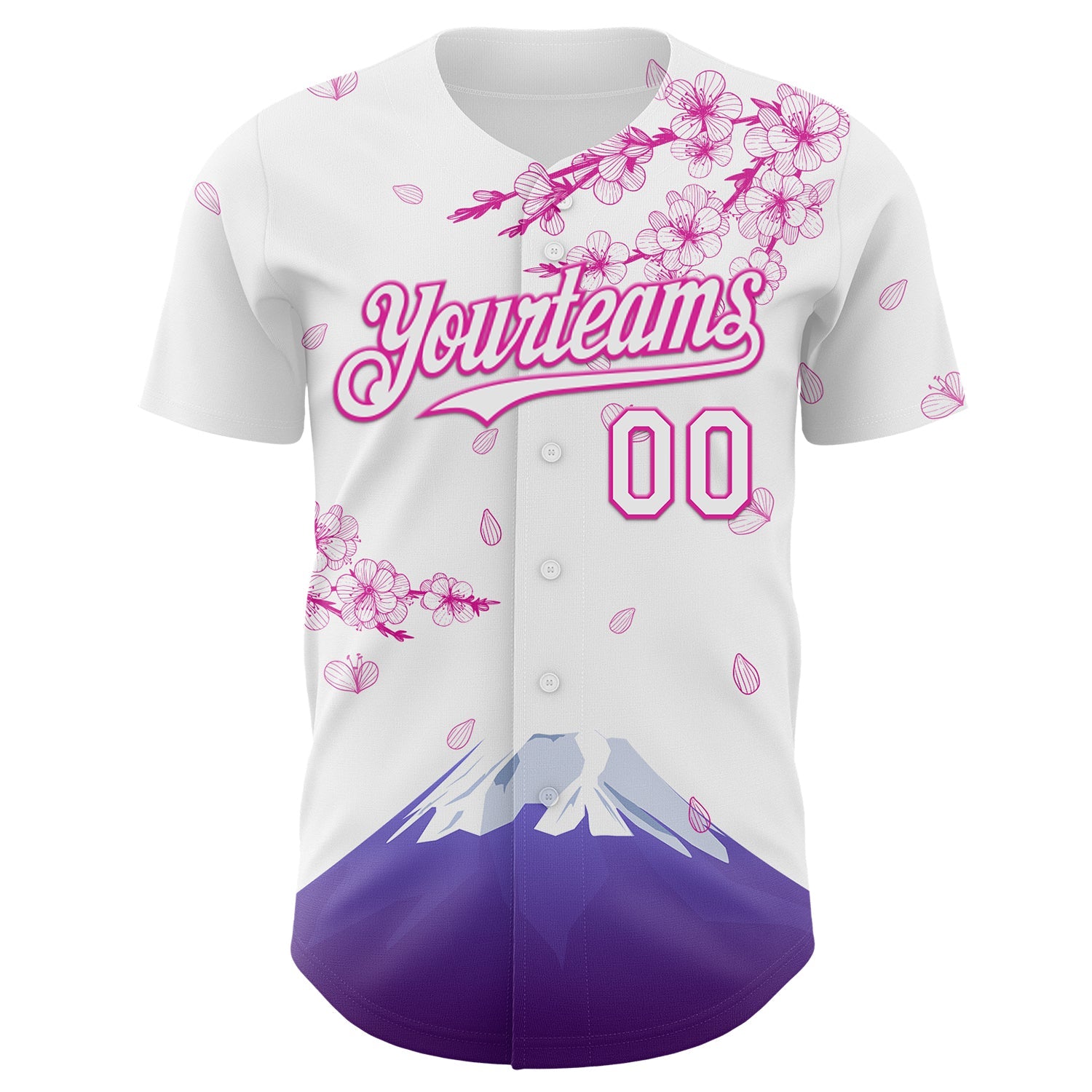 Custom White-Deep Pink Cherry Blossoms Sakura Mount Fuji Authentic Baseball Jersey view 2